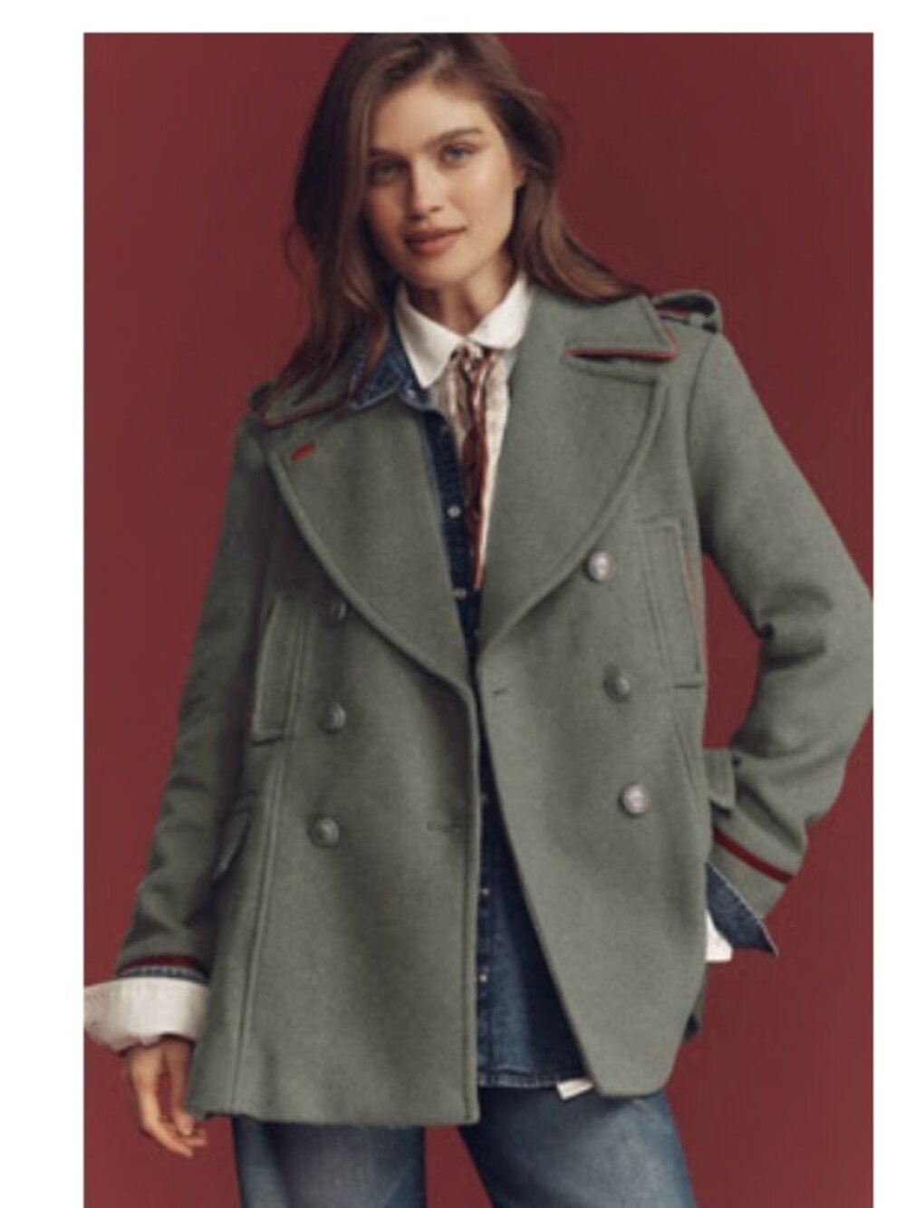 By Anthropologie Wool-Blend Military Peacoat L